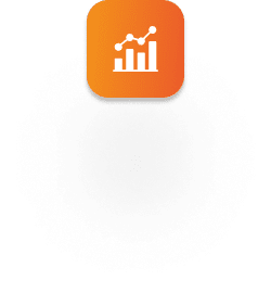 A glowing orange square icon with a white graph symbol, featuring a bar chart with two upward lines, sits above a dark circular shadow.