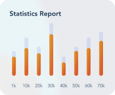 A bar graph titled "Statistics Report" shows six vertical bars. Each bar is partially filled, increasing in height from 10k to 70k. The bars have orange sections with different heights, visually representing varying data values.