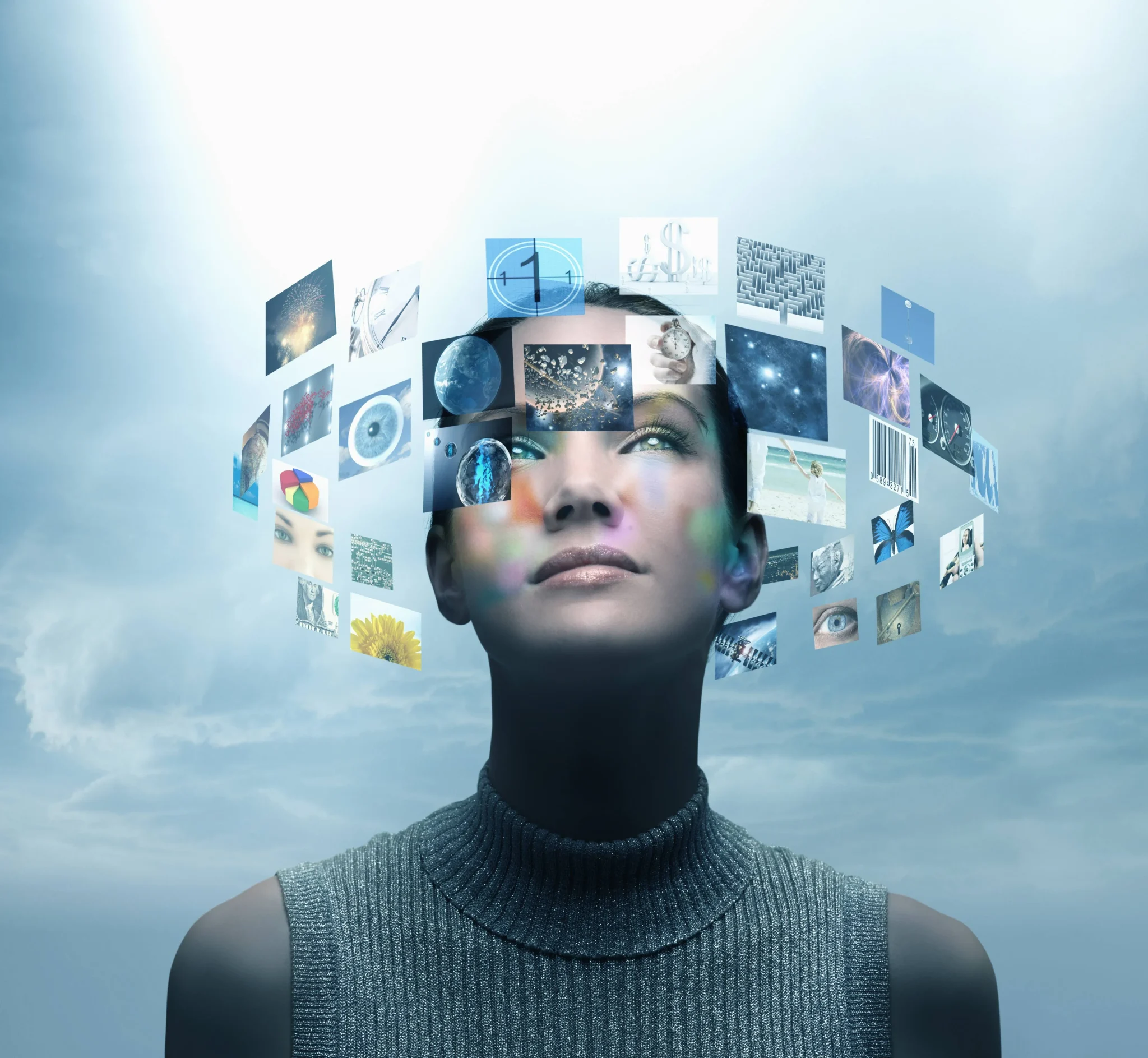 A woman gazes upward as floating digital images form a circle around her head, embodying the future of web development. The visuals blend nature, technology, and abstract art against a cloudy sky, hinting at how imagination will shape the next decade of innovation.