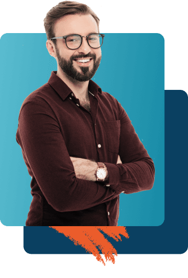 A man with glasses and a beard smiles while crossing his arms. He is wearing a maroon shirt and a watch. The background features teal and navy blue geometric shapes.