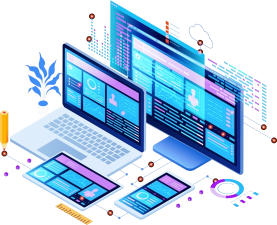 Digital illustration of a workspace with a laptop, desktop monitor, tablet, and smartphone displaying data dashboards. The setup includes plants and abstract graphics, symbolizing connectivity and technology in a modern office environment tailored for small businesses and web design aficionados.