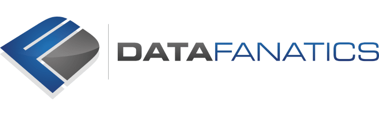 The logo of Data Fanatics showcases a stylized blue and gray geometric shape on the left, paired with "DATA FANATICS" in gradient gray and blue text on the right, creating a striking header reminiscent of Elementor design.